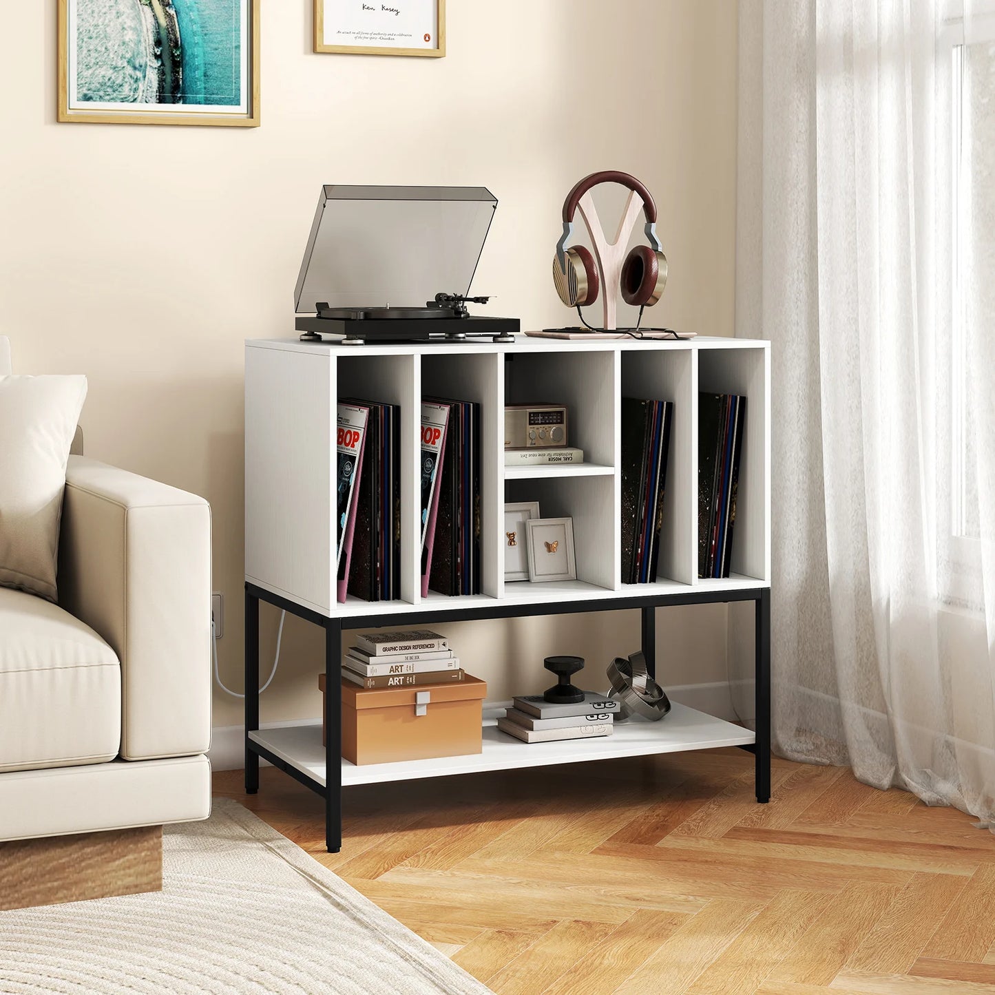 Record Player Stand with Charging Station for Living Room-Rustic Brown