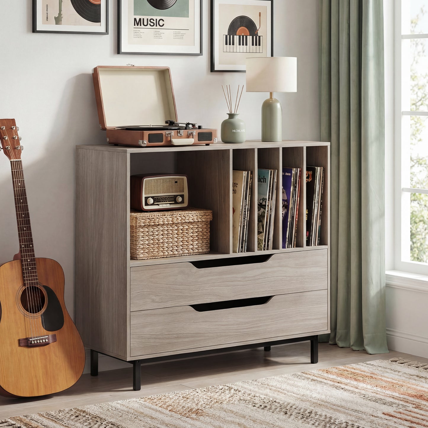 Record Player Stand Mid Century Turntable Stand with Open Compartment-Brown