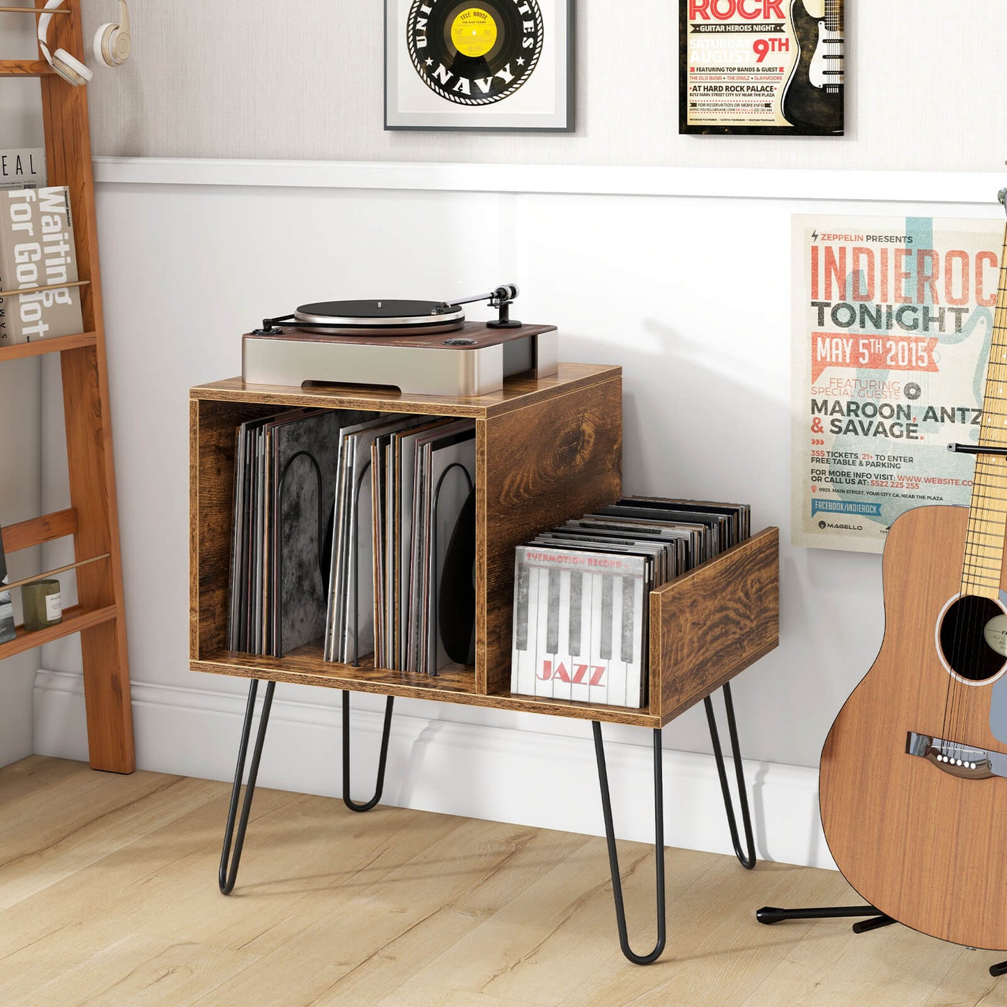 Record Player Stand with Power Outlet and Removable Dividers-Grey