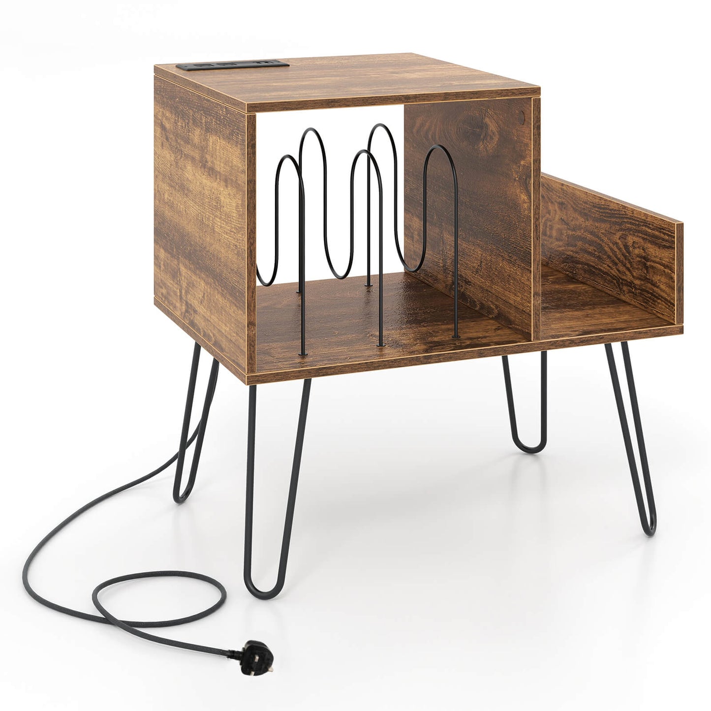 Record Player Stand with Power Outlet and Removable Dividers-Grey