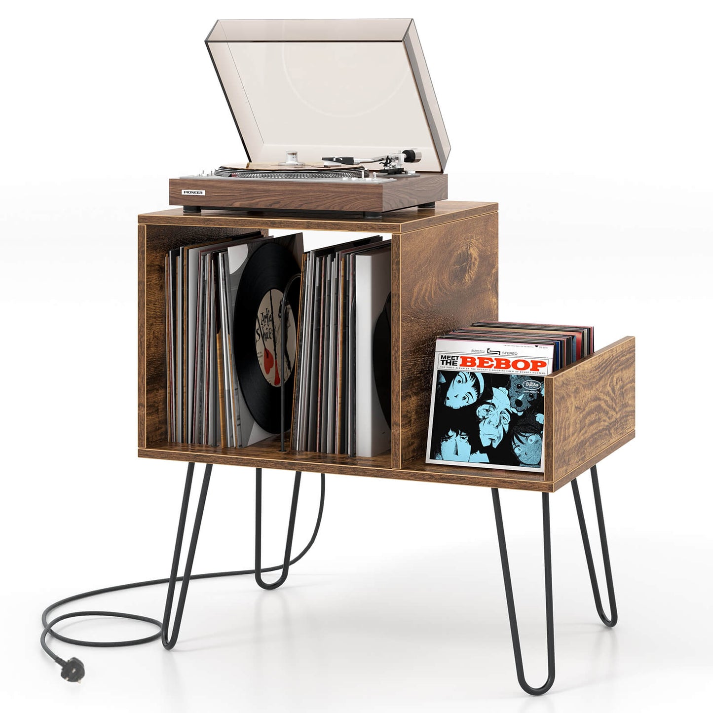 Record Player Stand with Power Outlet and Removable Dividers-Grey