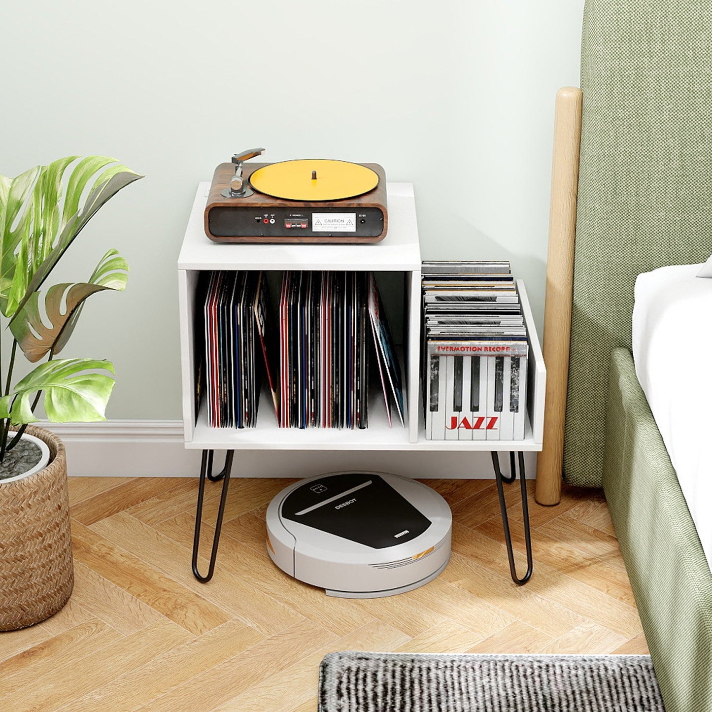 Record Player Stand with Power Outlet and Removable Dividers-Grey