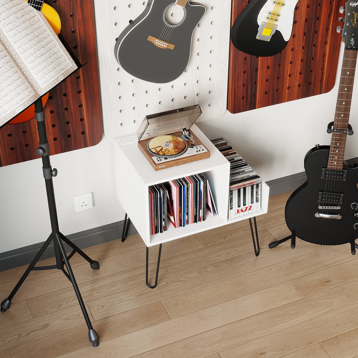Record Player Stand with Power Outlet and Removable Dividers-Grey