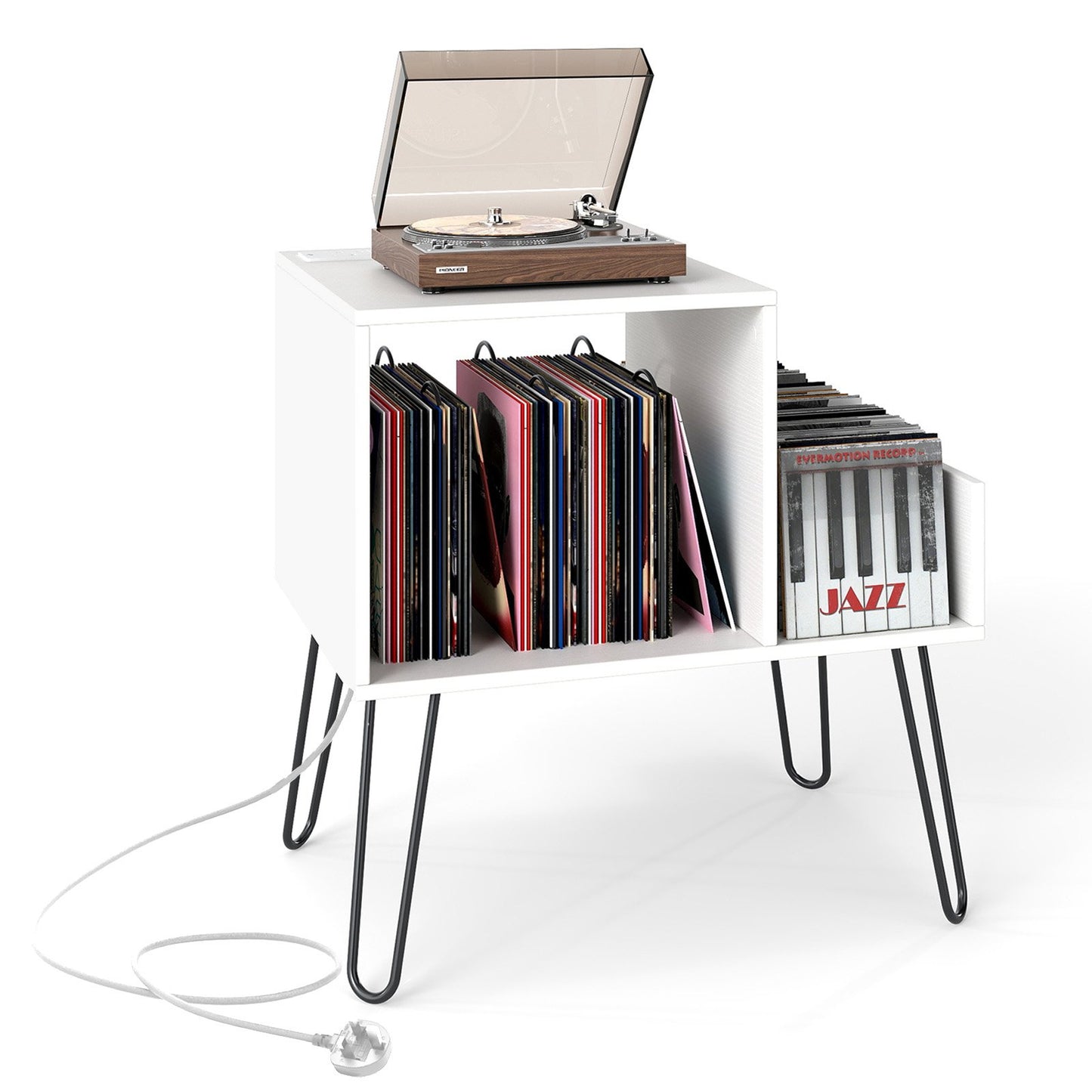 Record Player Stand with Power Outlet and Removable Dividers-Grey