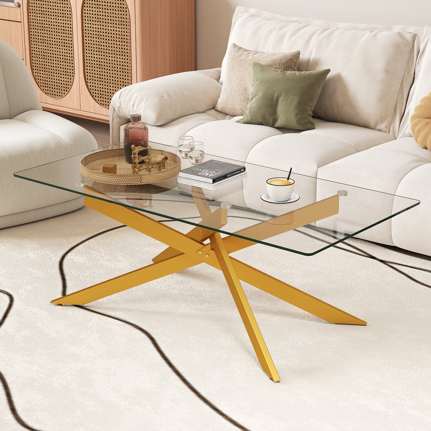 Rectangle Glass Coffee Table with Tempered Glass Top and Metal Tubular Legs-Black
