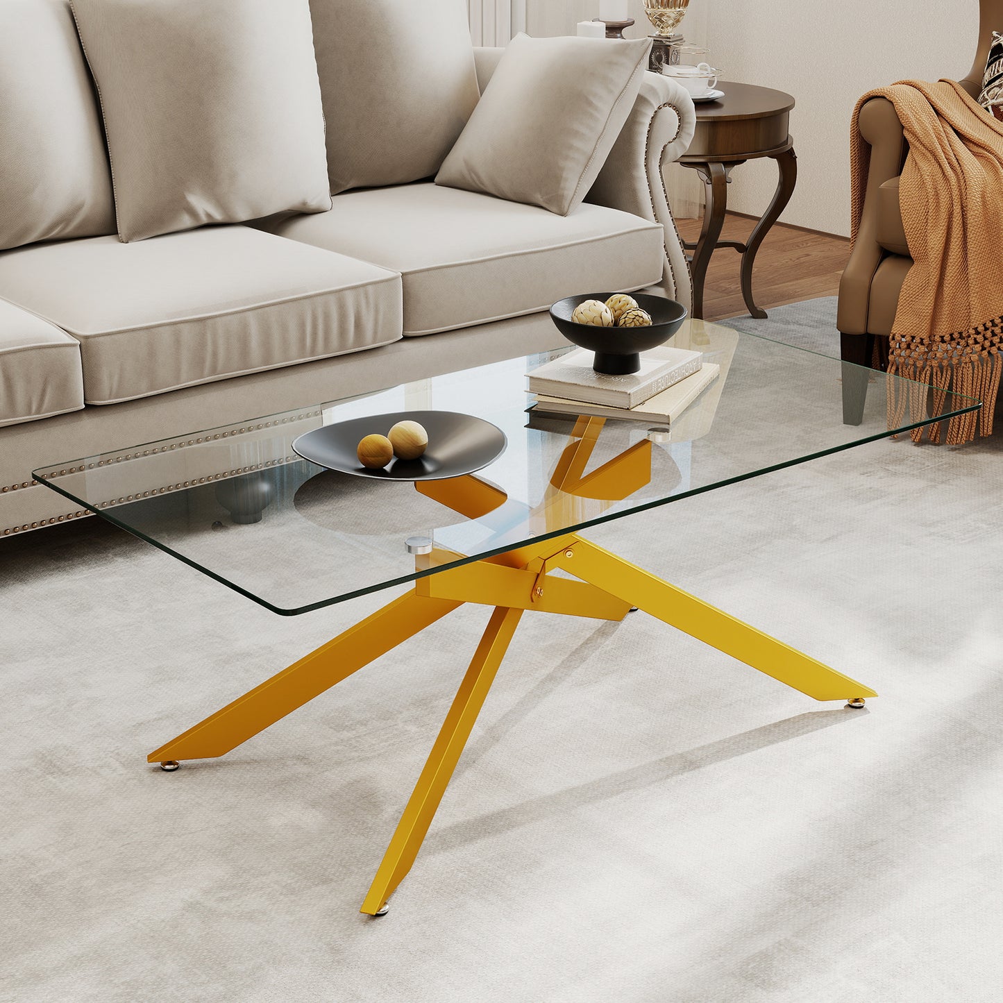 Rectangle Glass Coffee Table with Tempered Glass Top and Metal Tubular Legs-Black