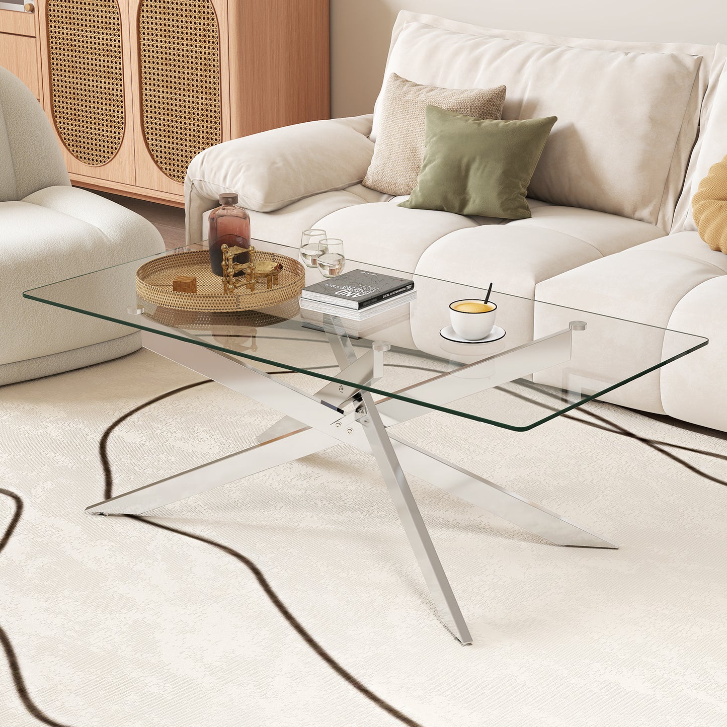 Rectangle Glass Coffee Table with Tempered Glass Top and Metal Tubular Legs-Black