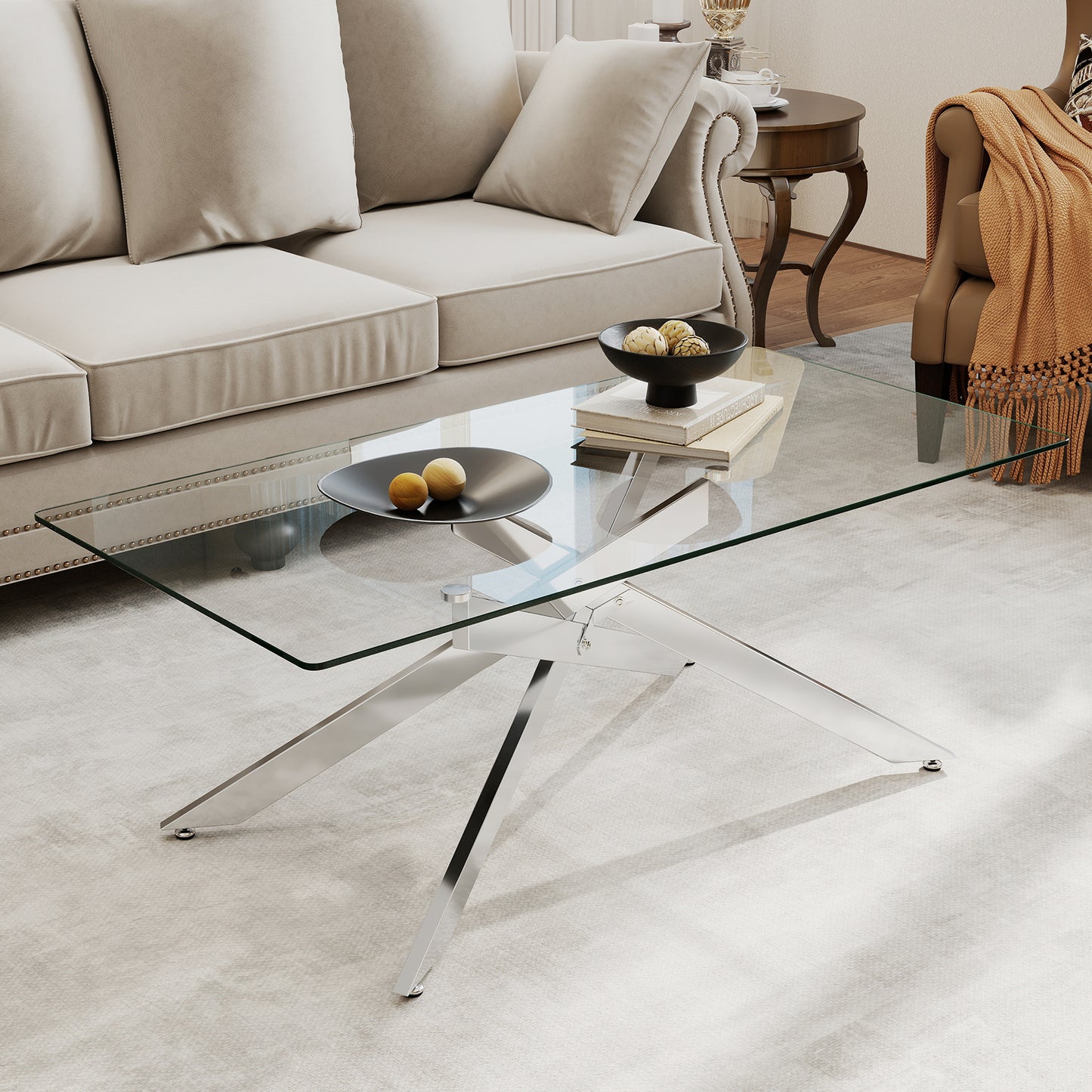 Rectangle Glass Coffee Table with Tempered Glass Top and Metal Tubular Legs-Black