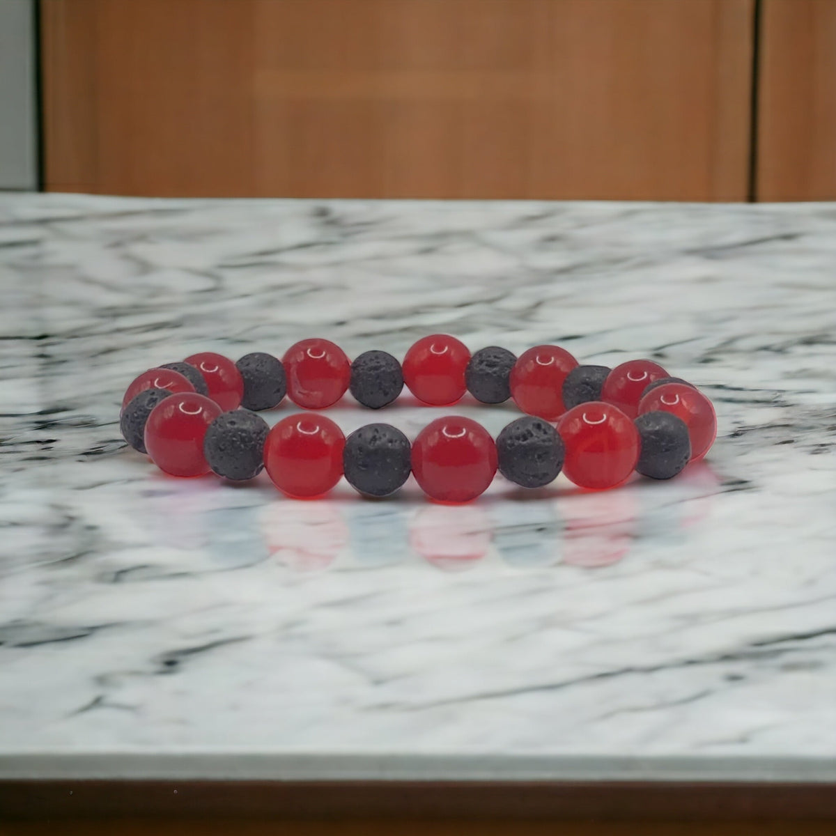 10mm Red Agate and Lava Beads Stretch Bracelet