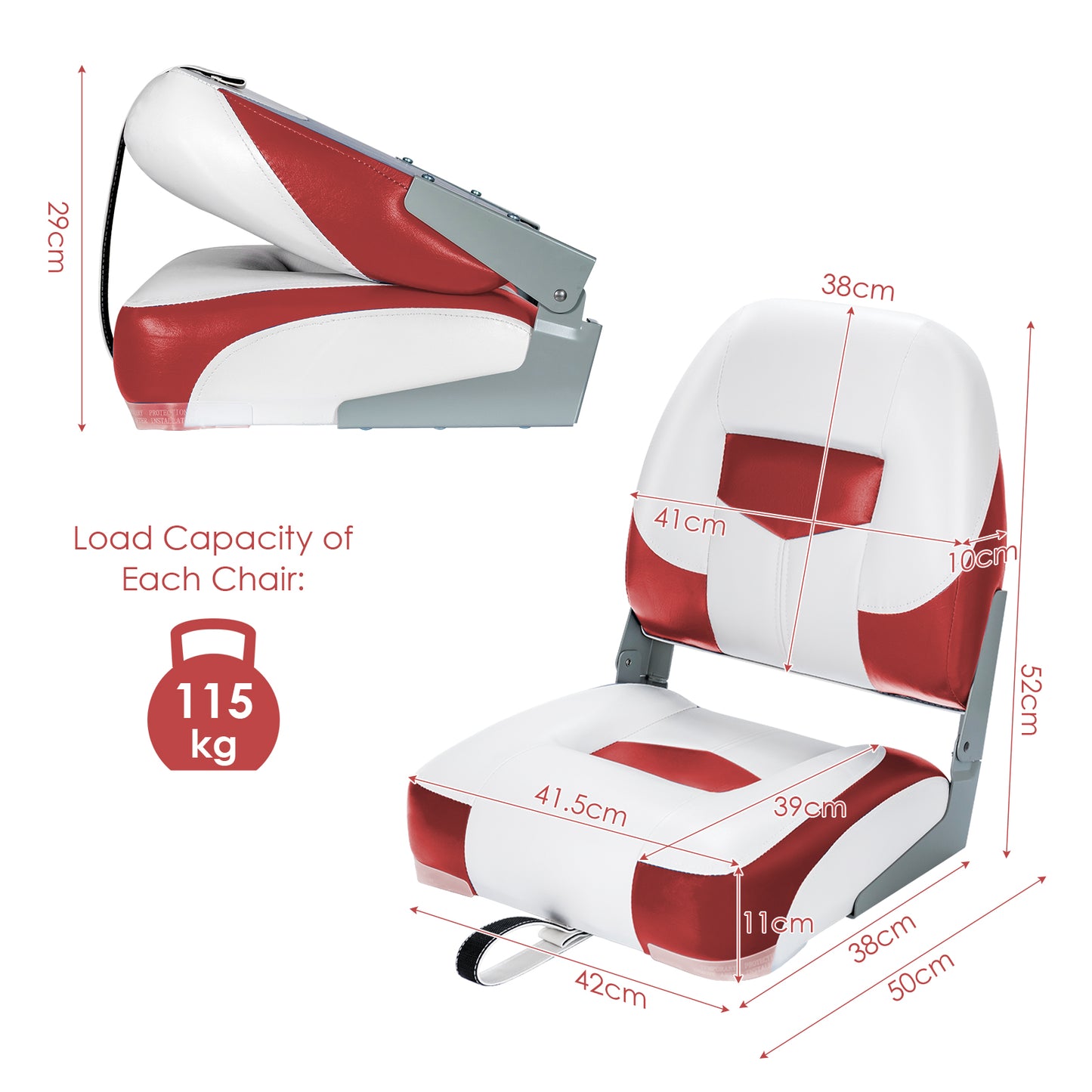 2 Pieces Folding Low-Back Boat Chair Set with Long Fixation Strap-Black