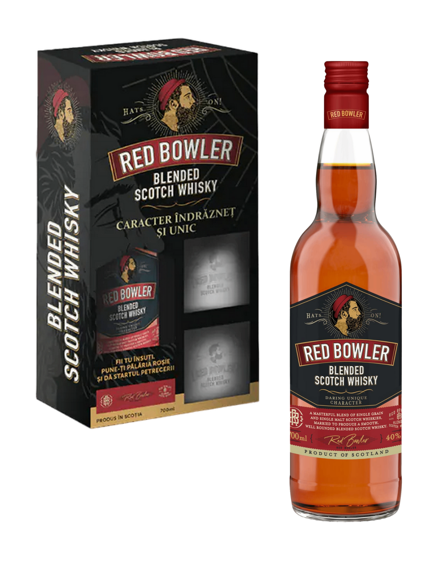 Red Bowler Blended Scotch Whisky with 2 branded glasses 700ml