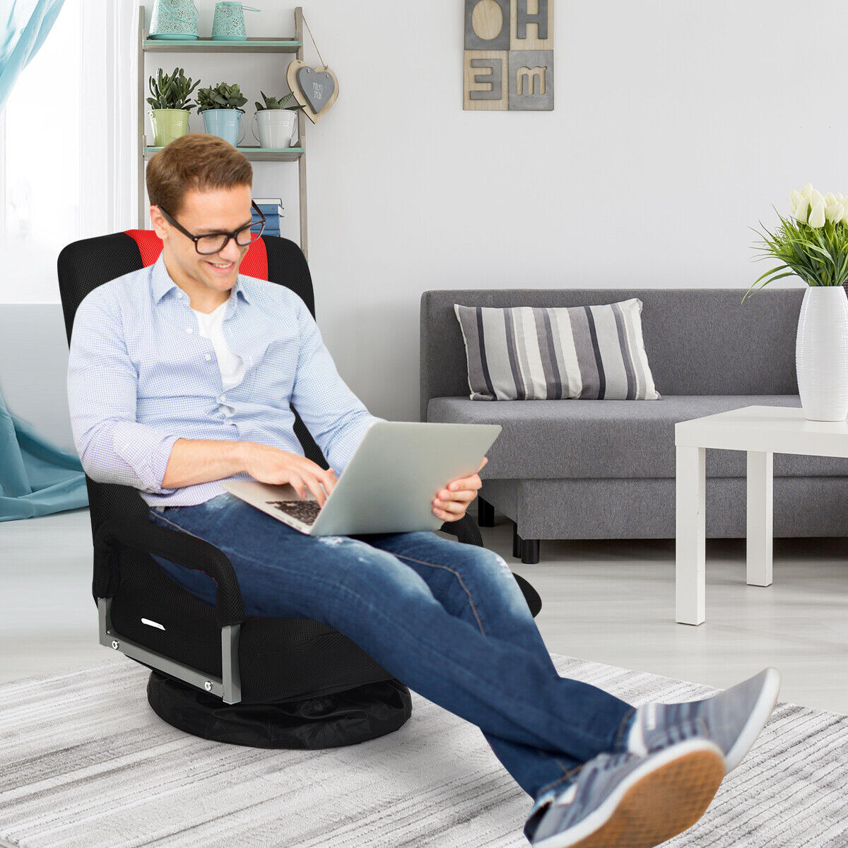 Foldable 360-Degree Swivel Gaming Floor Chair with Adjustable Backrest-Brown