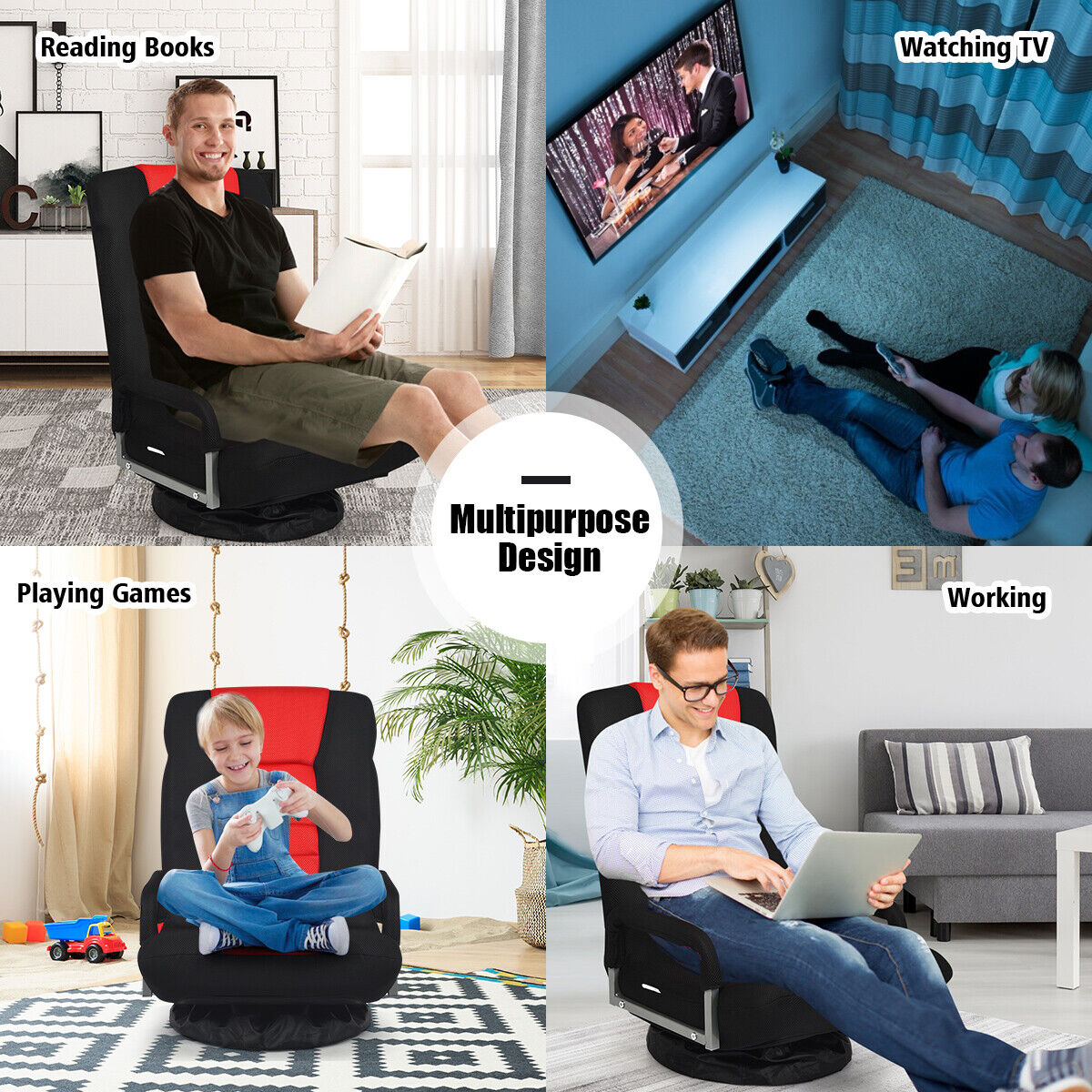 Foldable 360-Degree Swivel Gaming Floor Chair with Adjustable Backrest-Brown