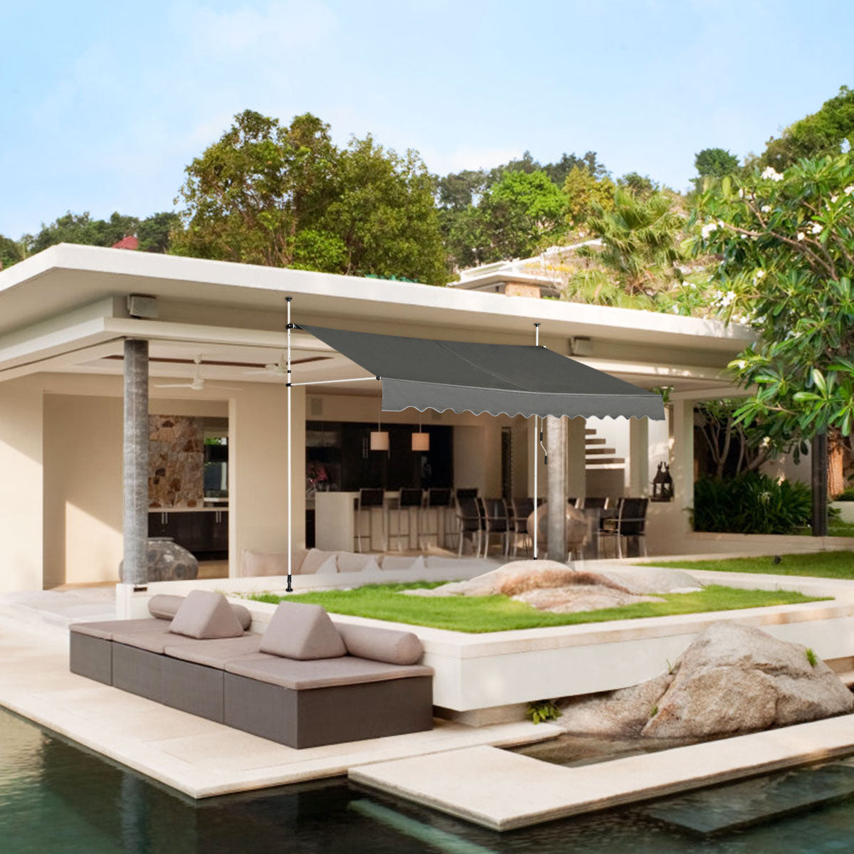 Retractable Telescopic Awning Sun Shade with Manual Crank Handle-Beige