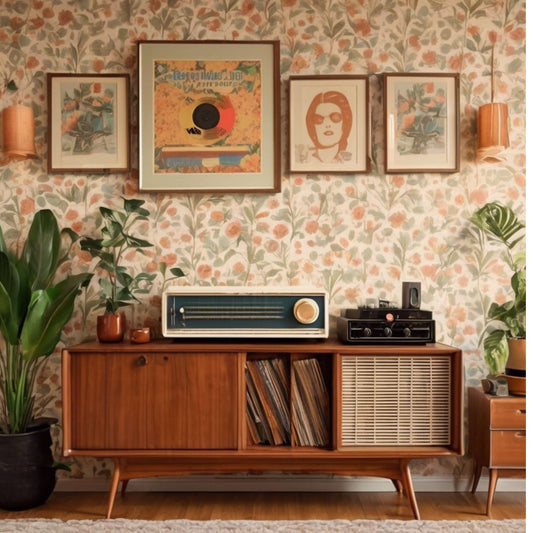 Retro Radio Room Printable Stock Photo – Vintage Living Room Interior with Floral Wallpaper & Vinyl Decor