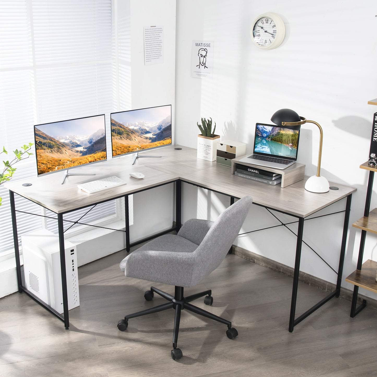 Reversible Corner Study Workstation and Writing Desk with Monitor Stand-Black