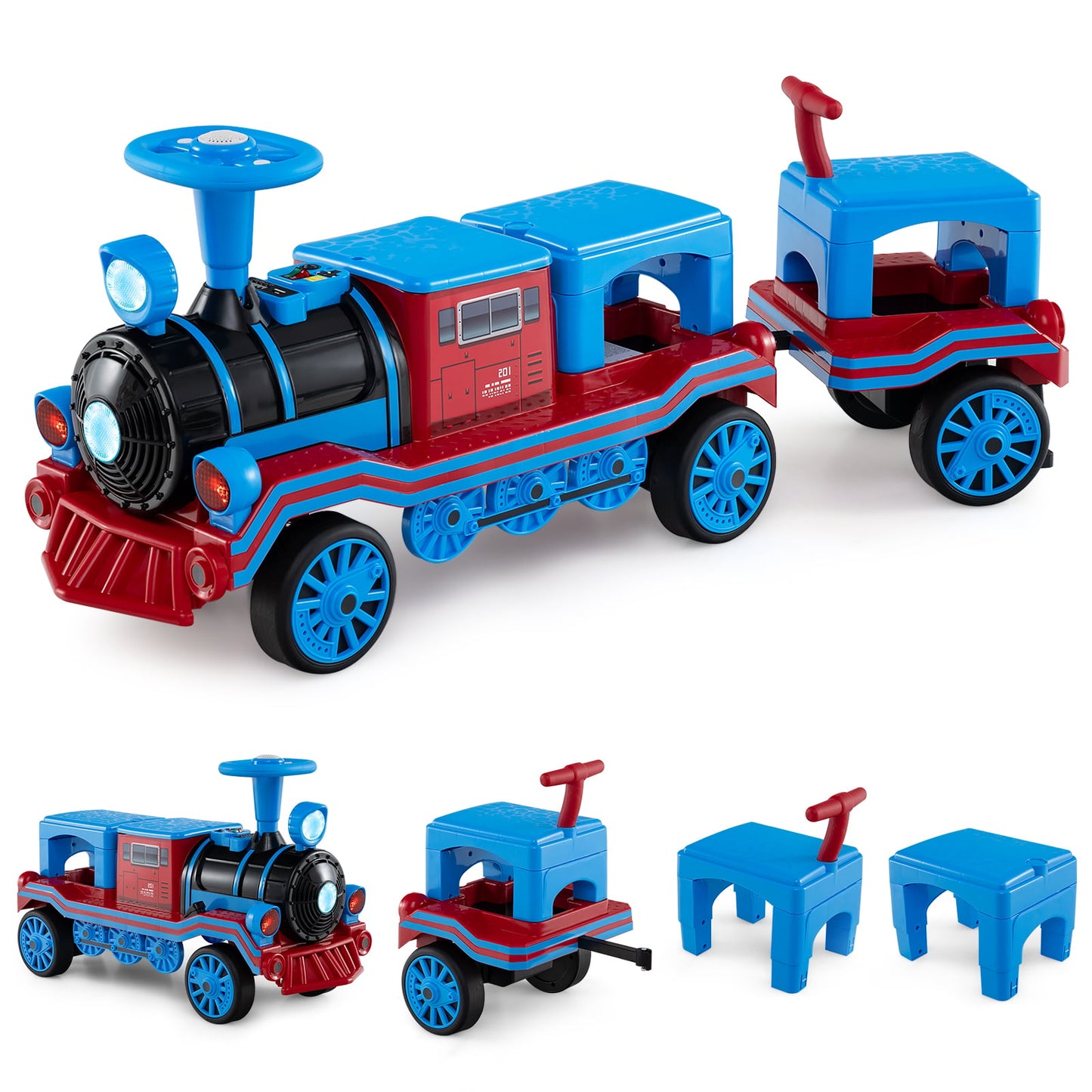 3-Seater Ride on Train Set Trackless with 2 Removable Chairs and Train Whistle-Blue