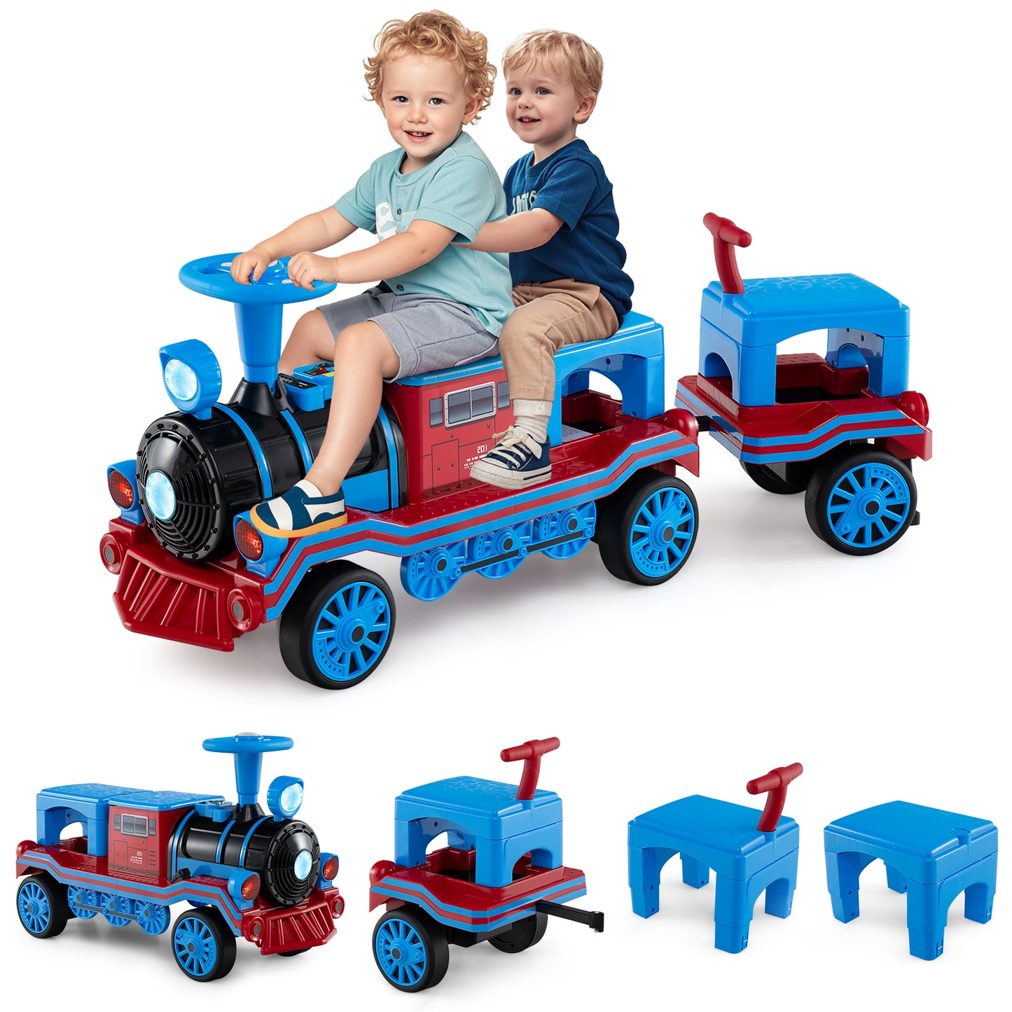 3-Seater Ride on Train Set Trackless with 2 Removable Chairs and Train Whistle-Blue