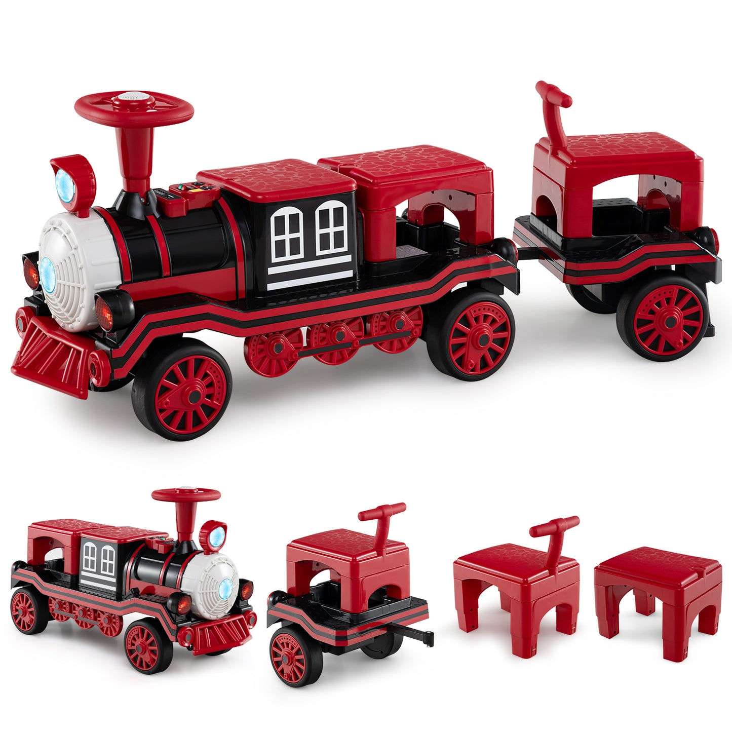 3-Seater Ride on Train Set Trackless with 2 Removable Chairs and Train Whistle-Blue