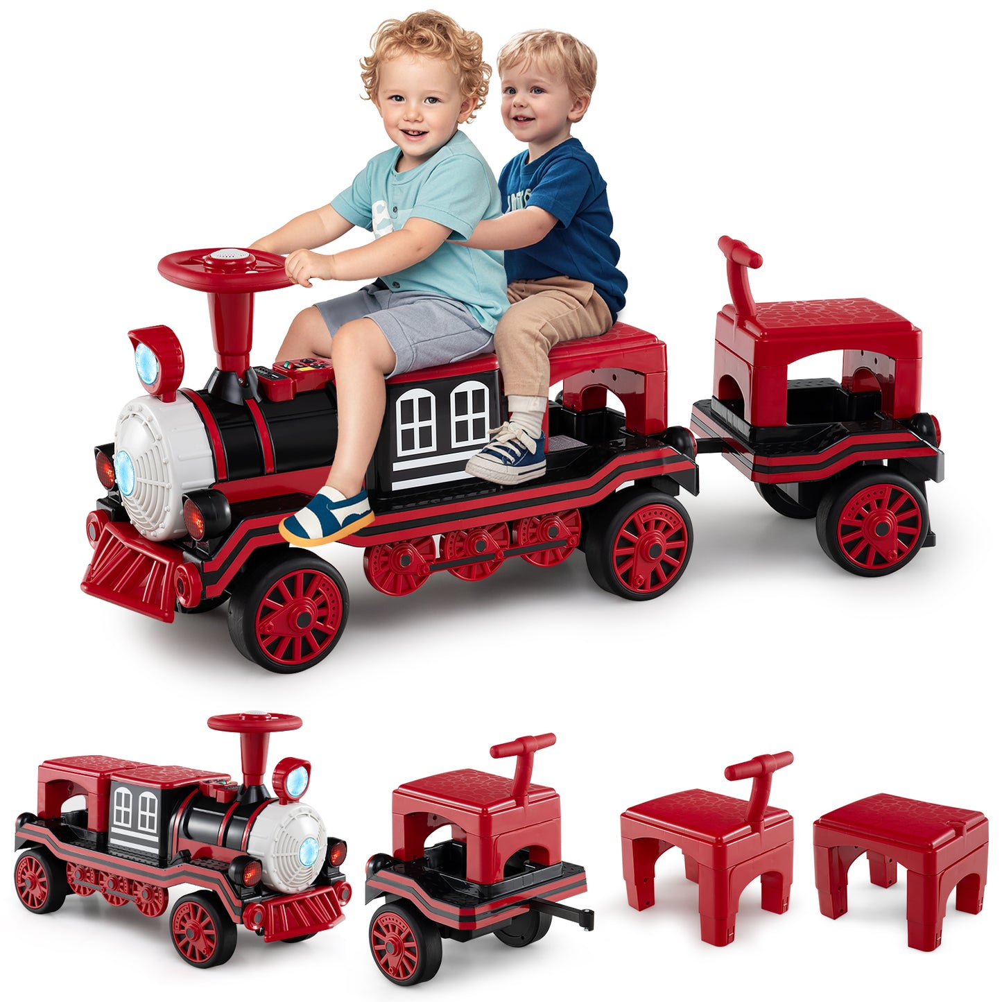 3-Seater Ride on Train Set Trackless with 2 Removable Chairs and Train Whistle-Blue