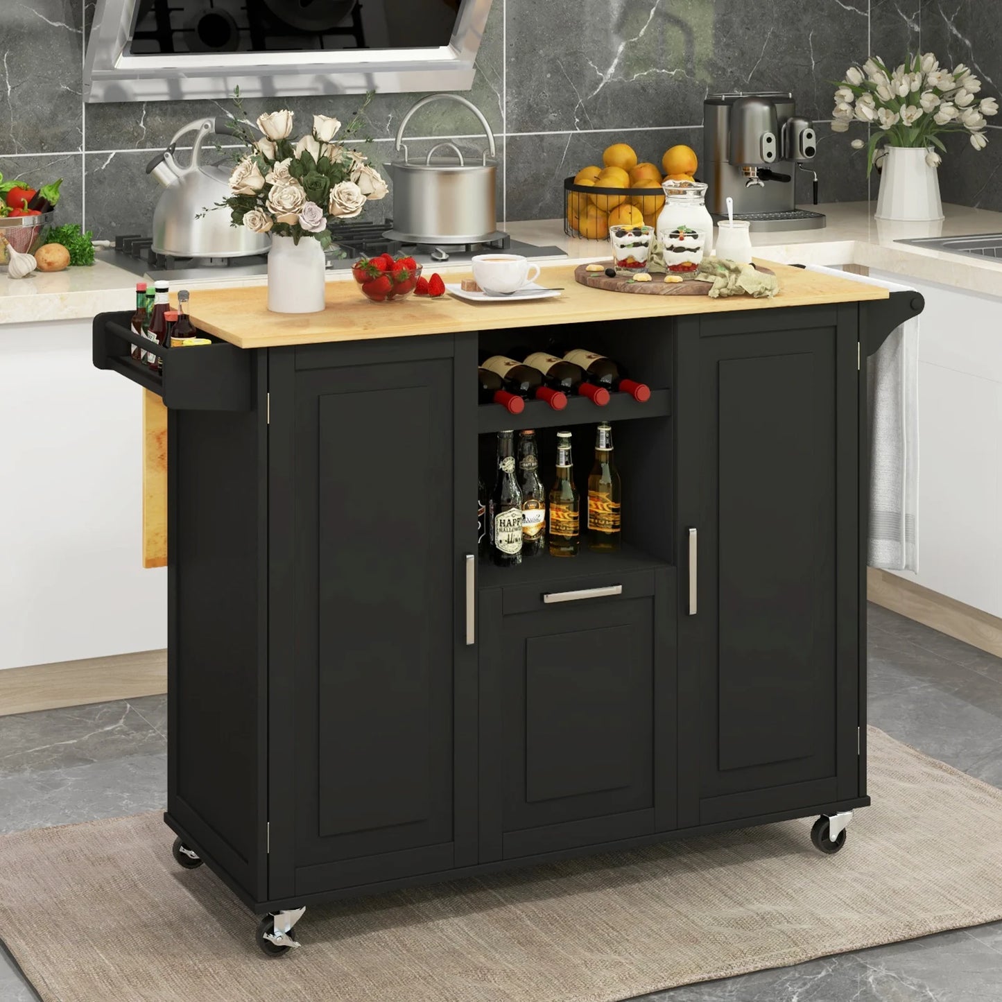 Rolling Kitchen Island Cart with Drop-Leaf Countertop-Black