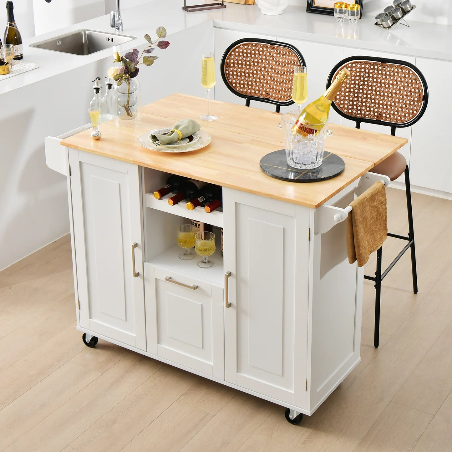 Rolling Kitchen Island Cart with Drop-Leaf Countertop-Black