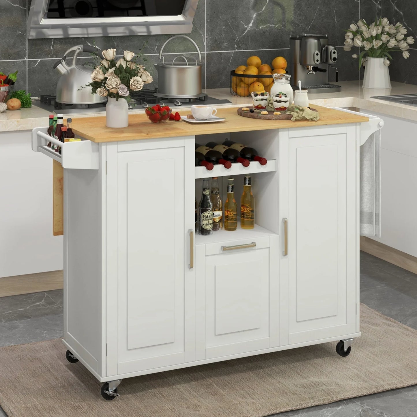 Rolling Kitchen Island Cart with Drop-Leaf Countertop-Black