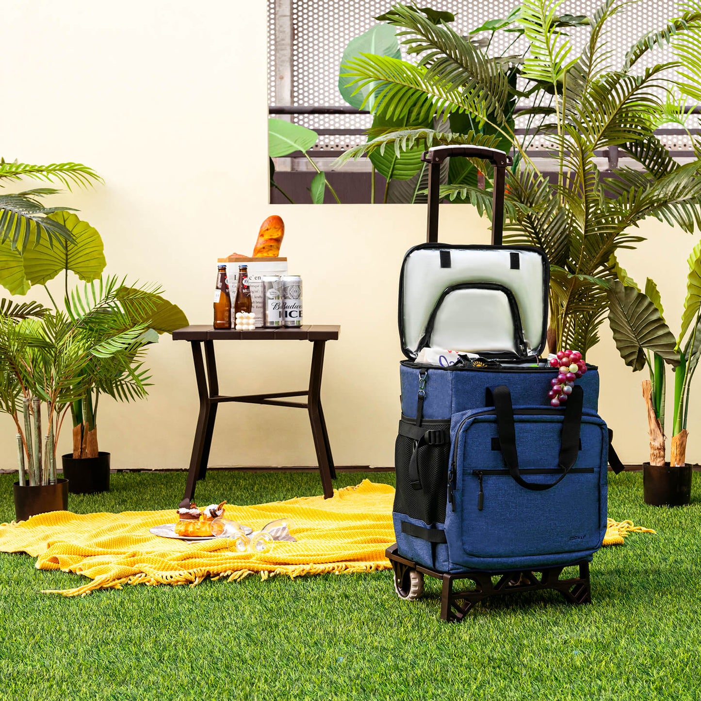 50-Can Large Rolling Cooler with Adjustable Handle and Bottom Plate-Dark Blue
