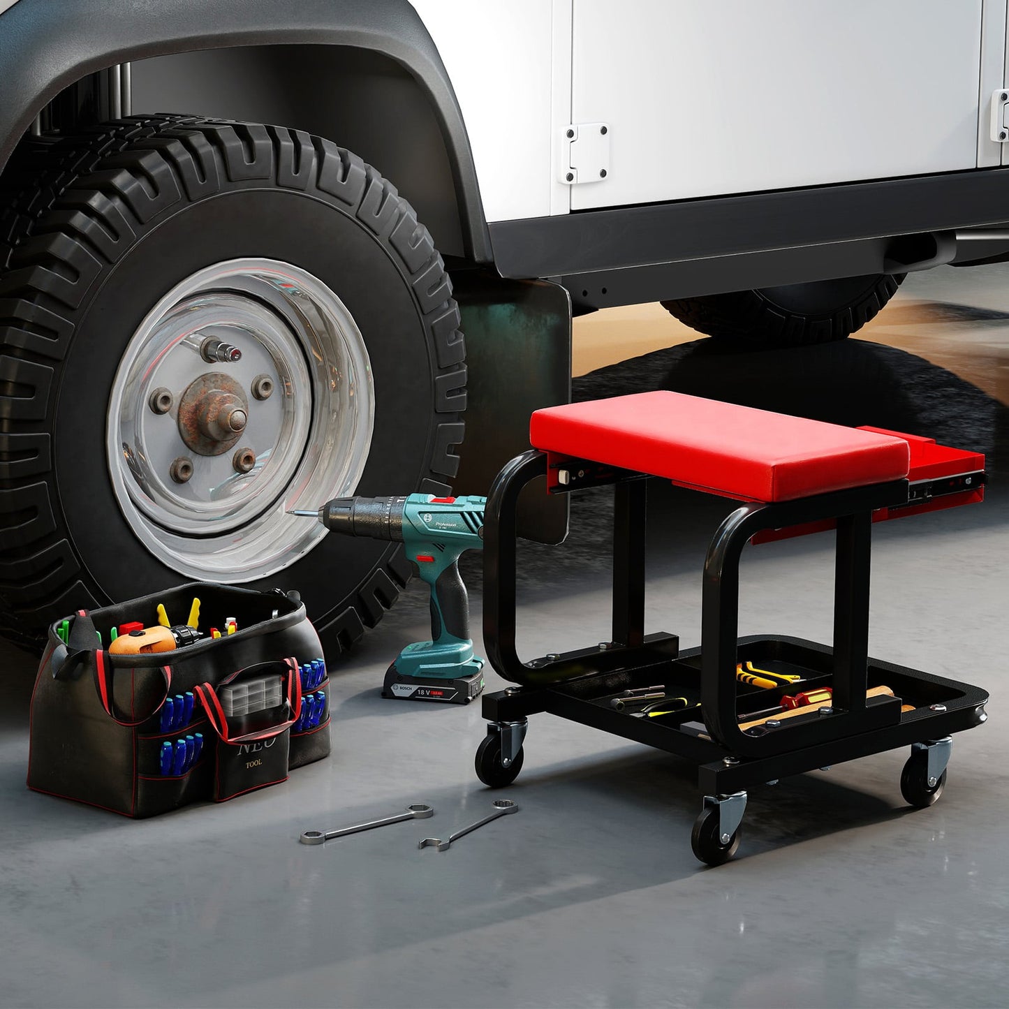 Rolling Creeper Seat with 185 kg Capacity and Universal Casters-Black
