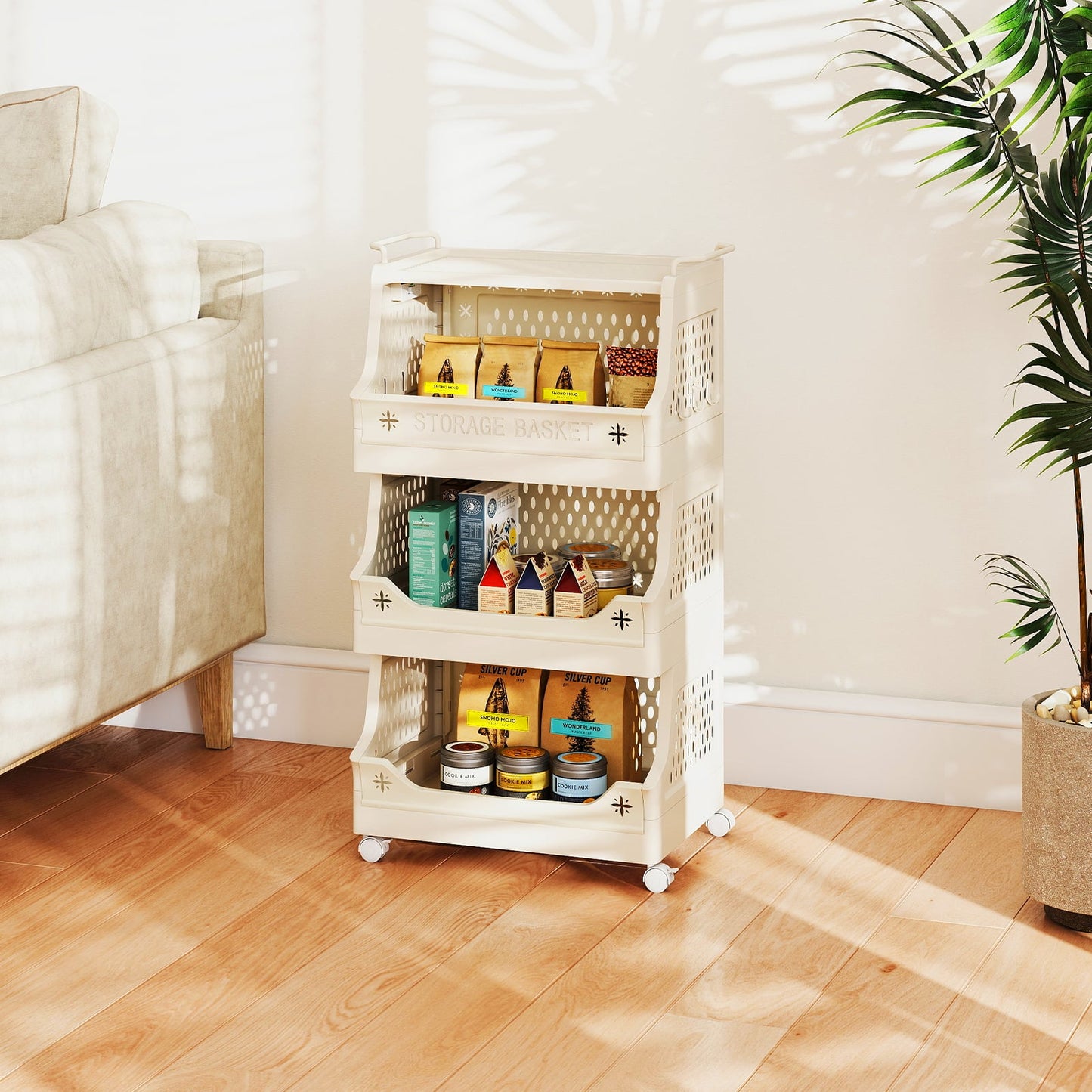 3/4/5/6 Tier Rolling Laundry Basket with Wheels and Handles for Laundry Room-Beige-6-Tier