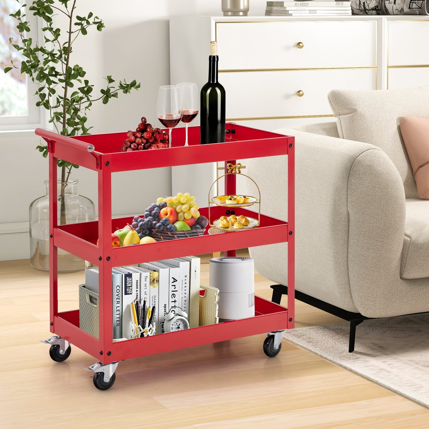 3 Shelf Rolling Metal Utility Cart with Ergonomic Handle-Black