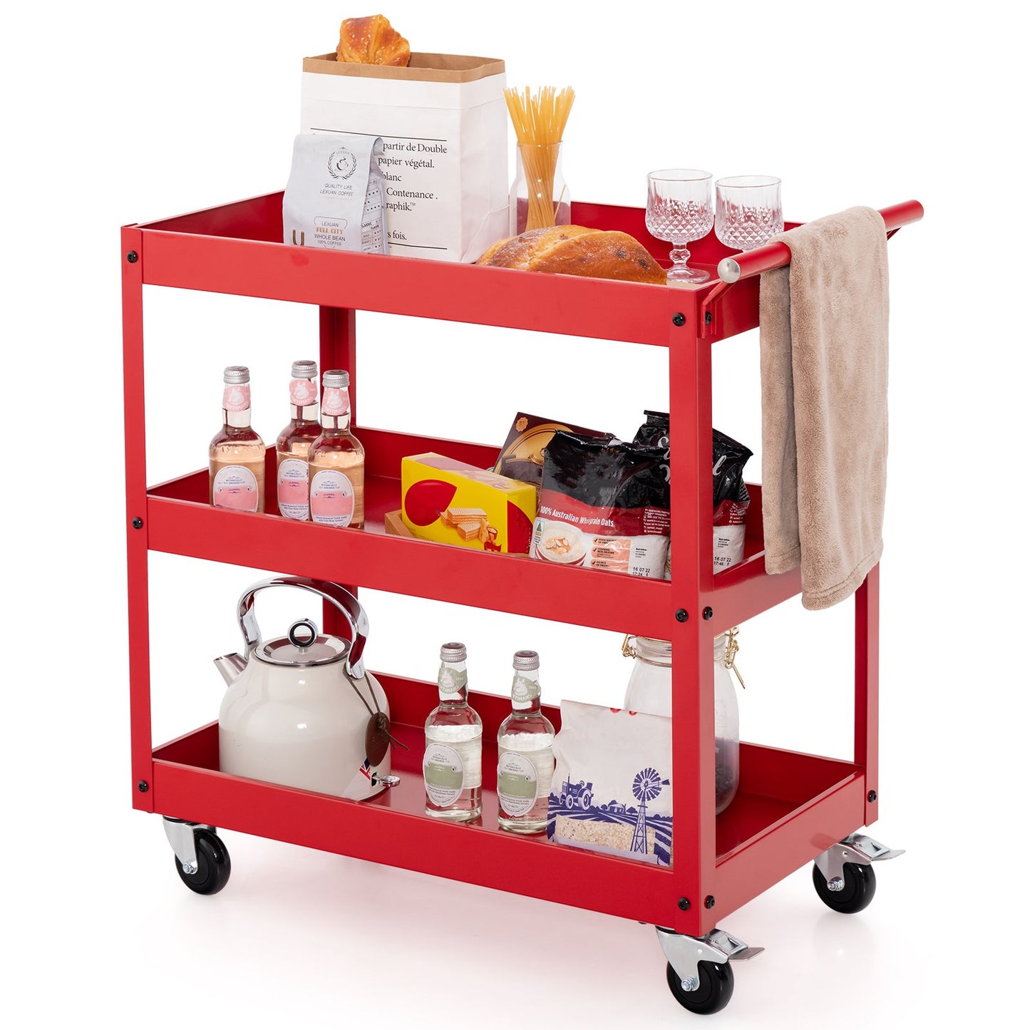 3 Shelf Rolling Metal Utility Cart with Ergonomic Handle-Black