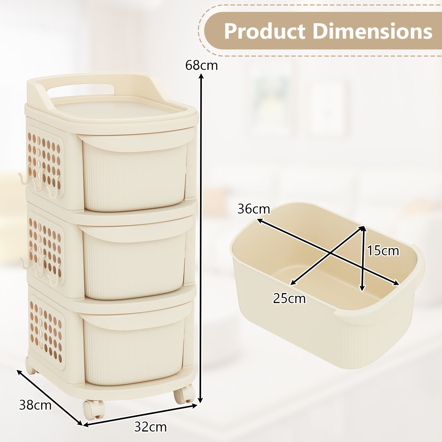 3-Drawer Rolling Plastic Utility Cart with 6 Hooks and Pegboard-White