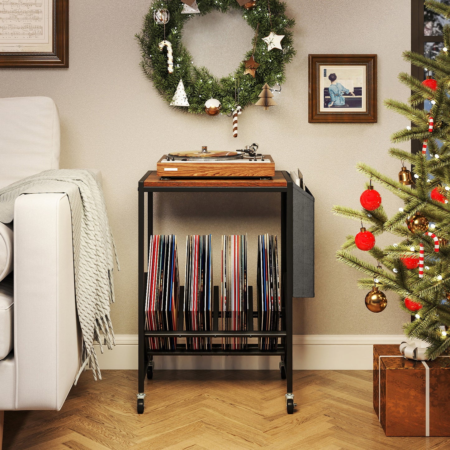Rolling Record Player Stand with Vinyl Storage and Magazine Holder-Natural