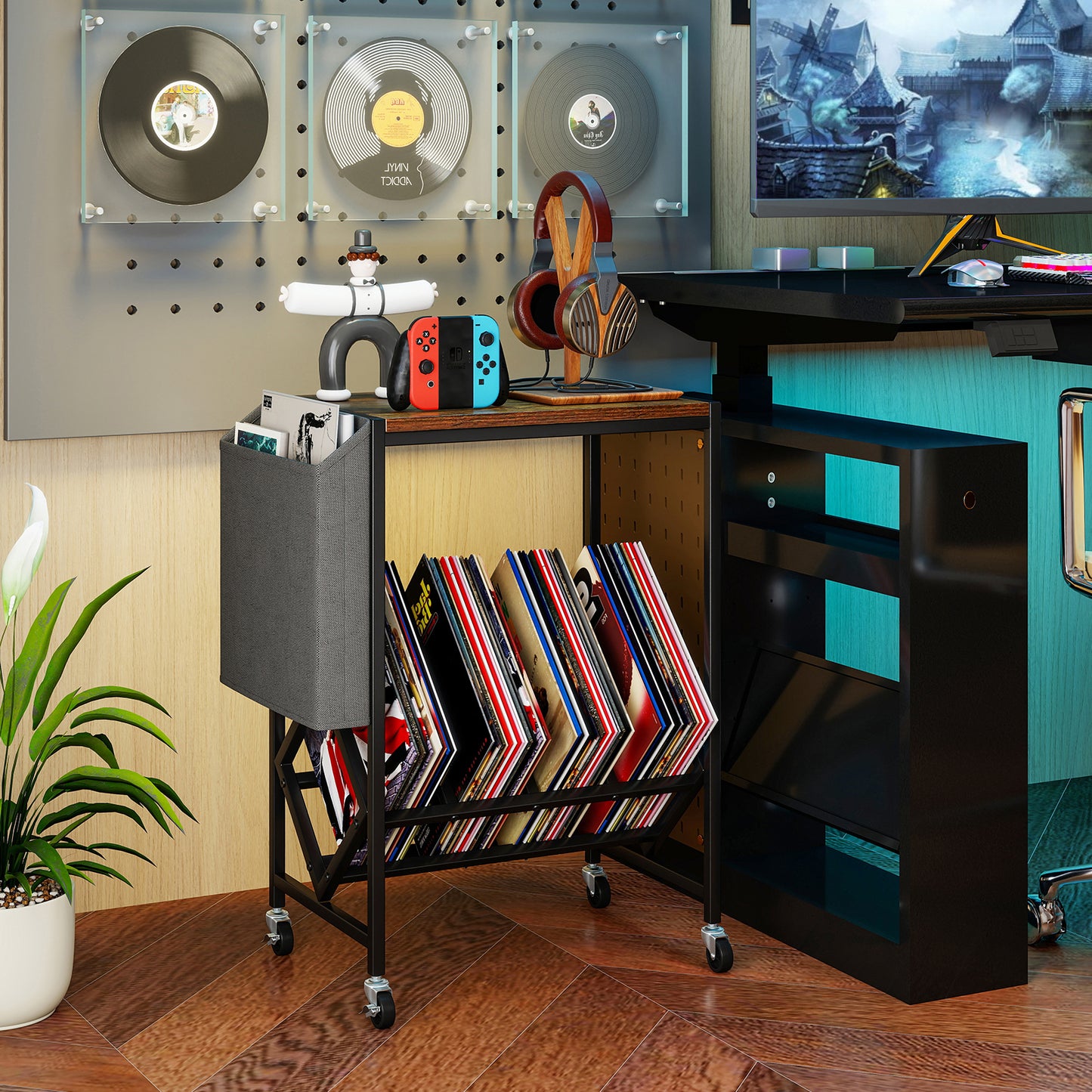 Rolling Record Player Stand with Vinyl Storage and Magazine Holder-Natural