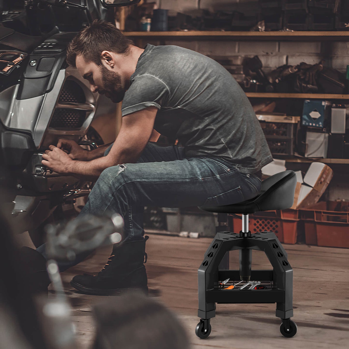 Rolling Seat Mechanic Stool Chair Height Adjustable with Tool Tray-Black