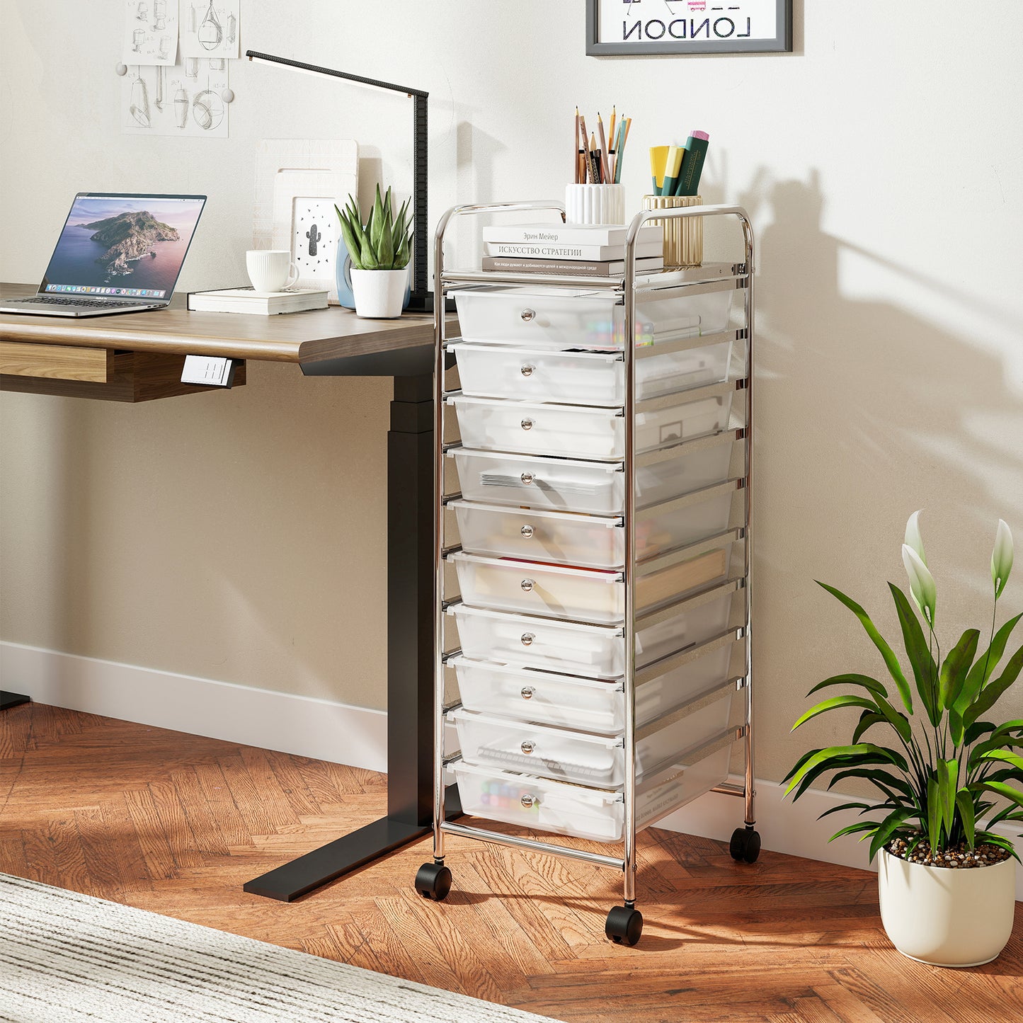 10-Drawer Rolling Storage Cart with Lockable Wheels and Removable Drawers-Black