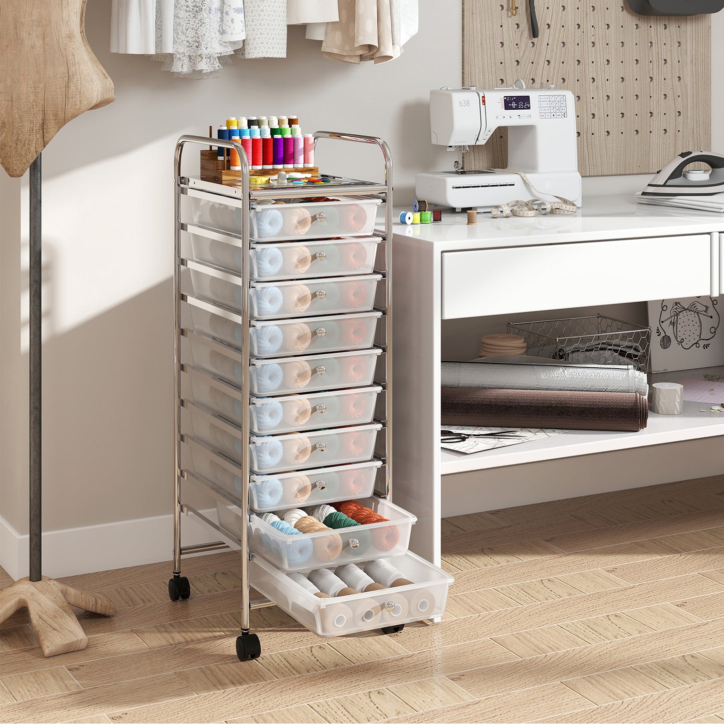 10-Drawer Rolling Storage Cart with Lockable Wheels and Removable Drawers-Black