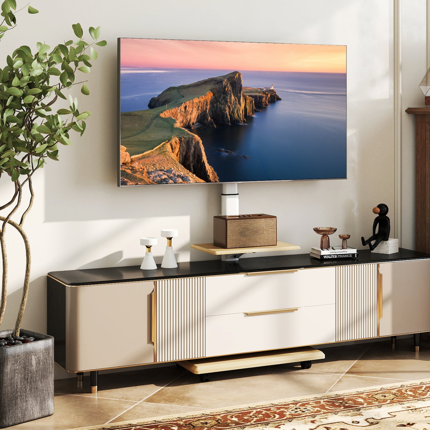Rolling TV Stand on Wheels with 30° Tilt Mount and Adjustable Shelf-Natural