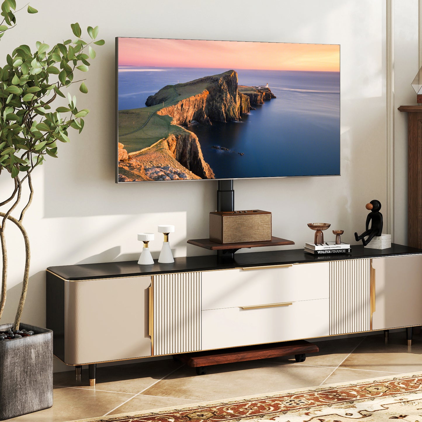 Rolling TV Stand on Wheels with 30° Tilt Mount and Adjustable Shelf-Natural