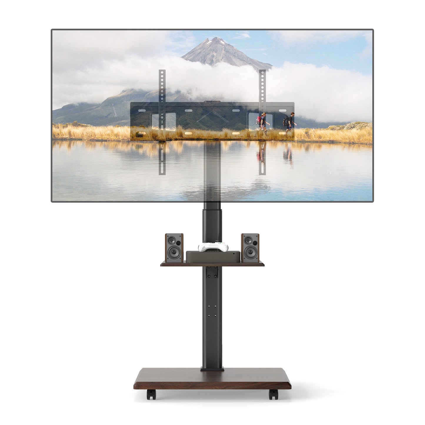 Rolling TV Stand on Wheels with 30° Tilt Mount and Adjustable Shelf-Natural