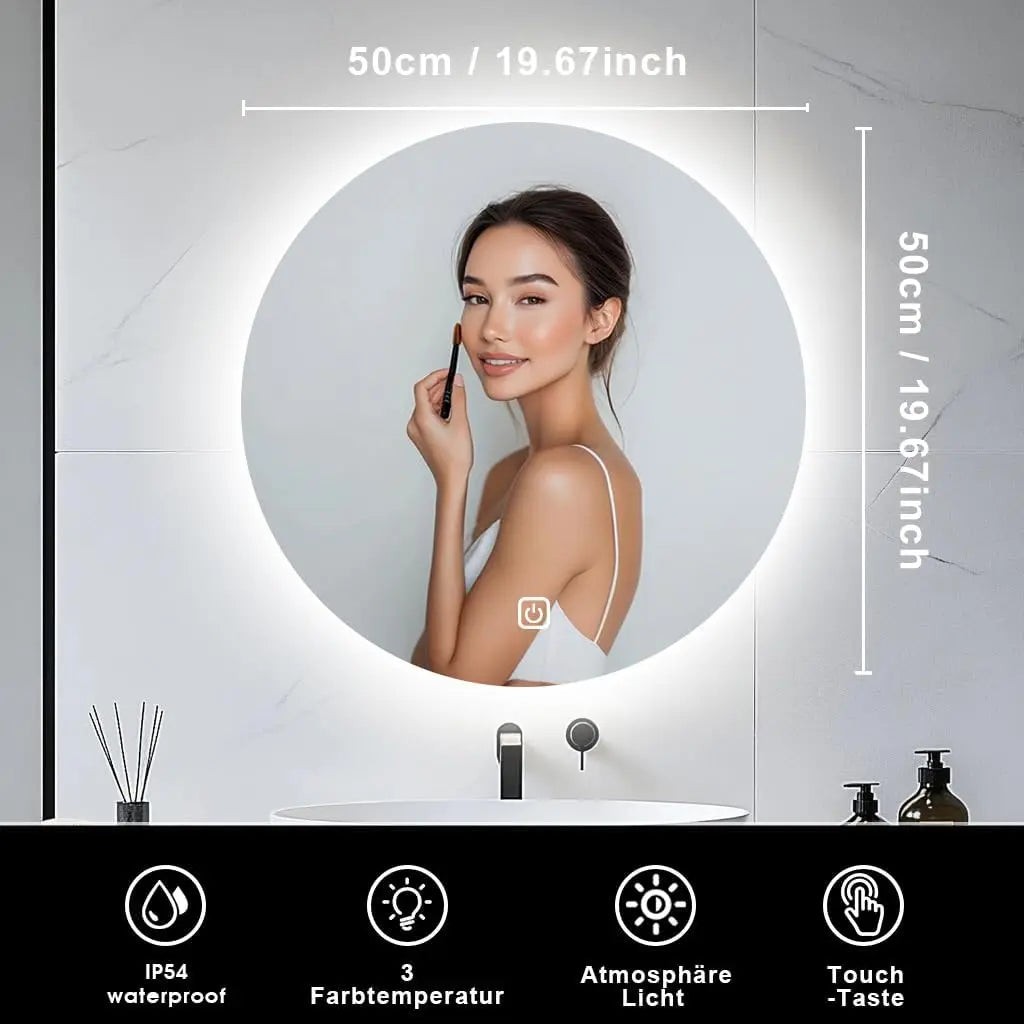 Round LED Bathroom Mirror 50cm – Wall-Mounted Backlit Vanity Mirror 3 Colour