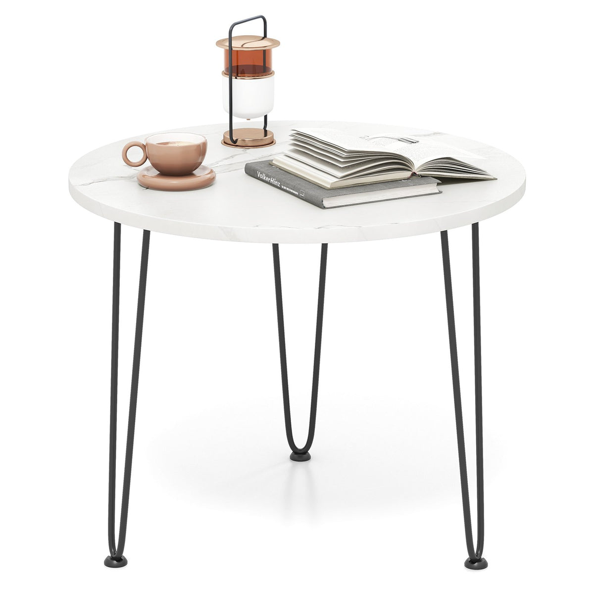 Round Coffee Table Small Faux Marble Accent Table with Thickened Tabletop and Metal Tripod Legs-Black