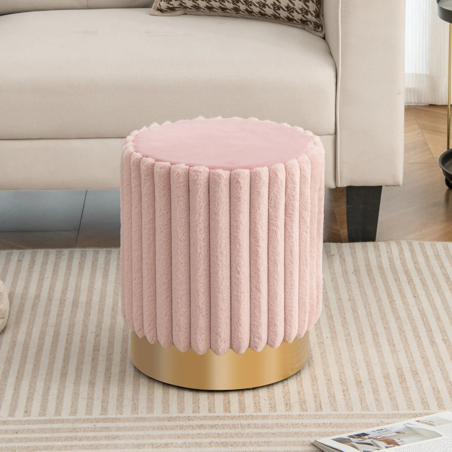 Upholstered Footrest Stool with Decorative Vertical Tufting and Heavy-duty Metal Base-Grey