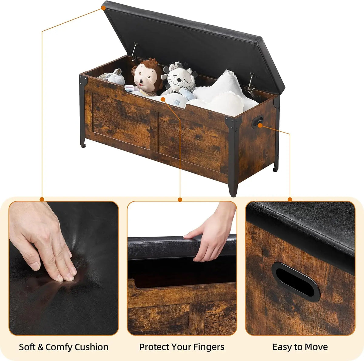 Rustic Brown Wooden Storage Bench Retro Home Storage Chest with Safety Hinges