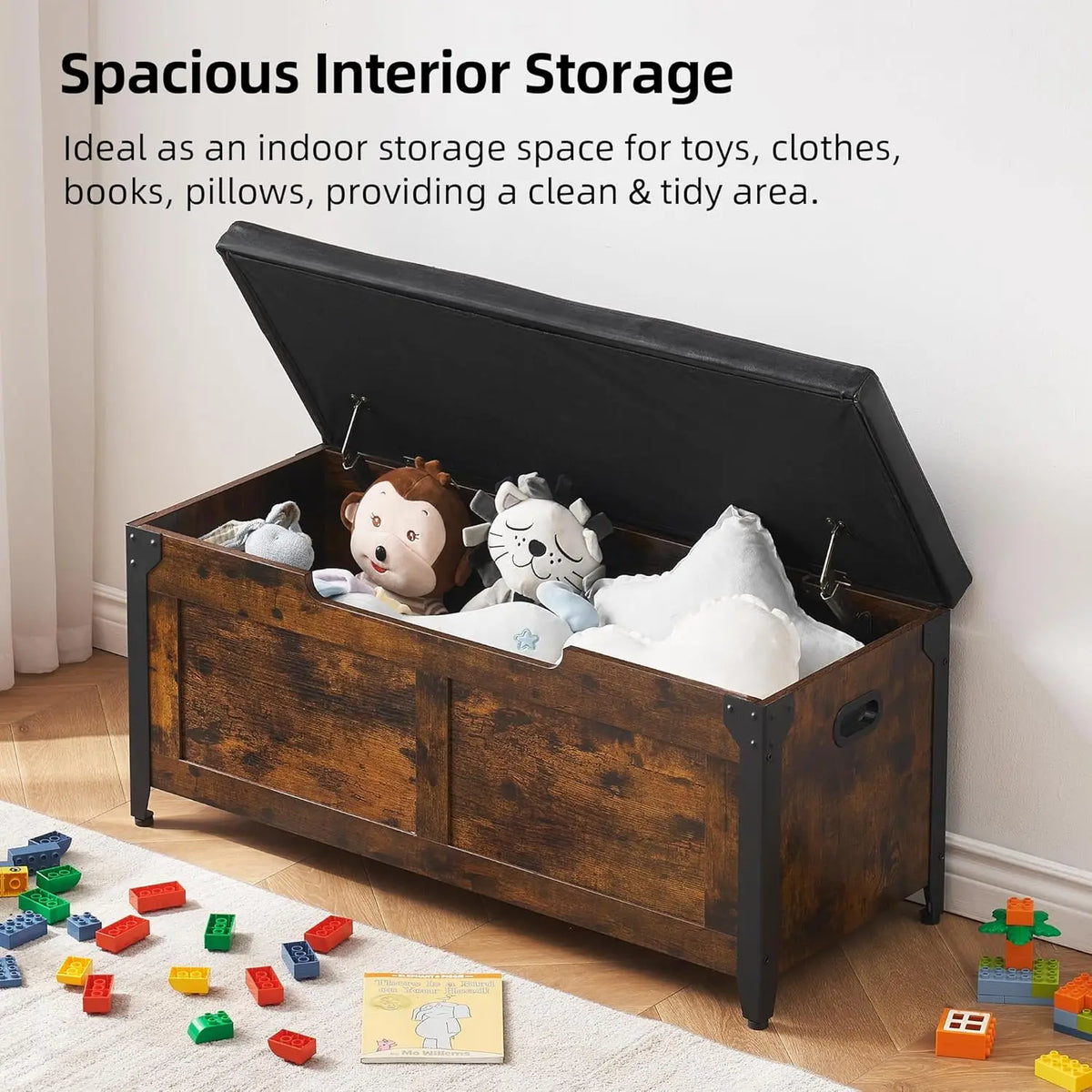 Rustic Brown Wooden Storage Bench Retro Home Storage Chest with Safety Hinges