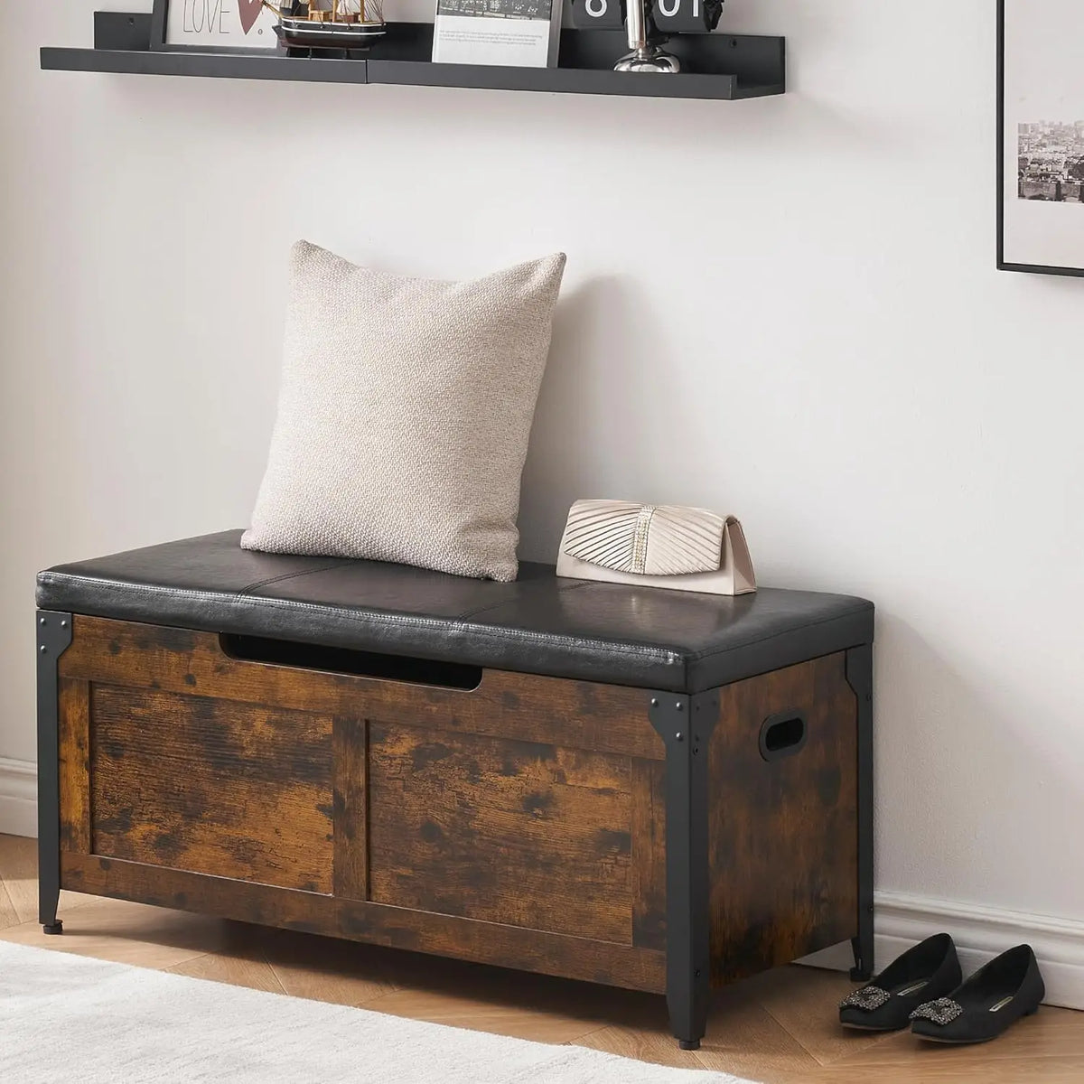 Rustic Brown Wooden Storage Bench Retro Home Storage Chest with Safety Hinges