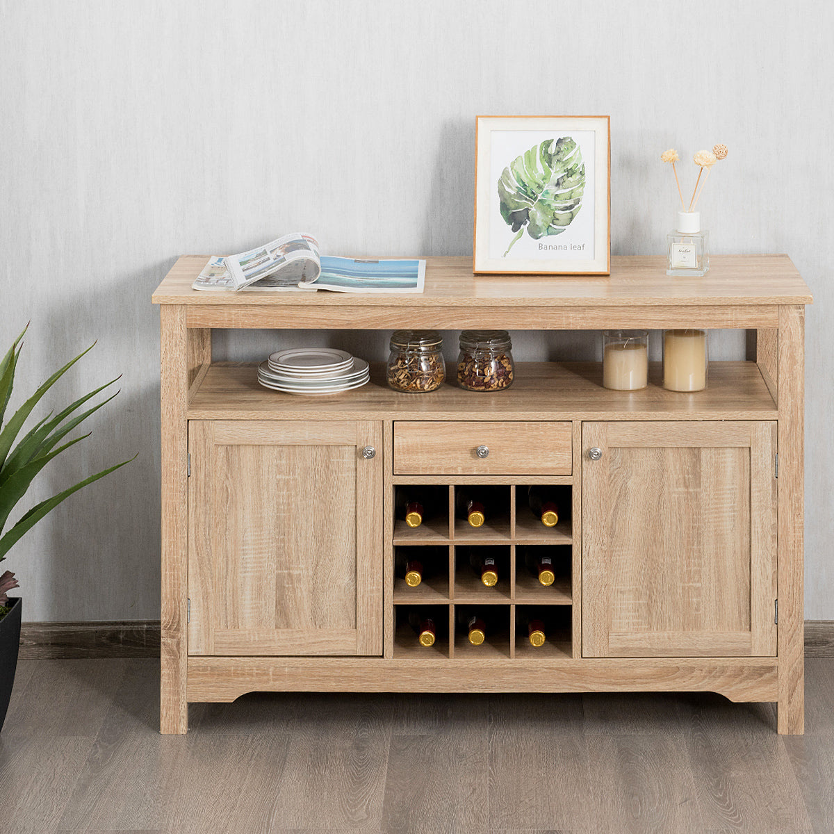 Rustic Cupboard Storage Organizer with 2 Cabinets and 1 Drawer &amp; 9-Bottle Wine Rack-Grey