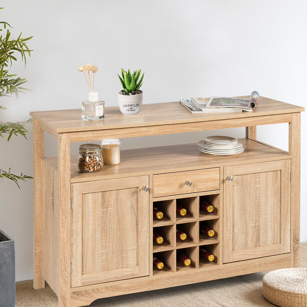 Rustic Cupboard Storage Organizer with 2 Cabinets and 1 Drawer &amp; 9-Bottle Wine Rack-Grey