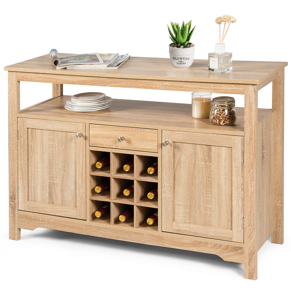 Rustic Cupboard Storage Organizer with 2 Cabinets and 1 Drawer &amp; 9-Bottle Wine Rack-Grey